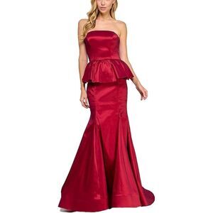 B Darlin Ruby Red Strapless Mermaid Peplum Prom Gown Hollywood Glam Pageant Red